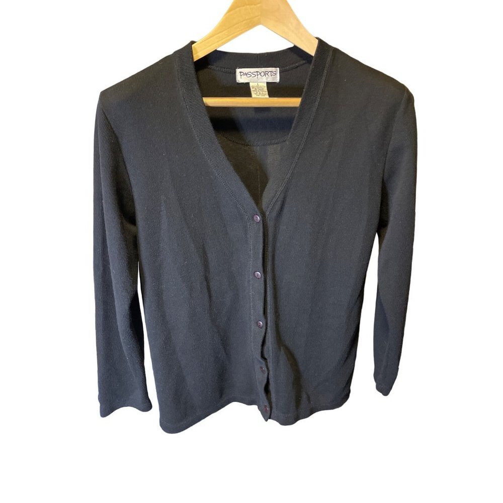 Passports Black V Neck Button Down Long Sleeve Cardigan Sweater Sz L